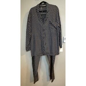 Perry Ellis Pajama Set Silk Circle Dot Print Vintage Button Up Sleepwear